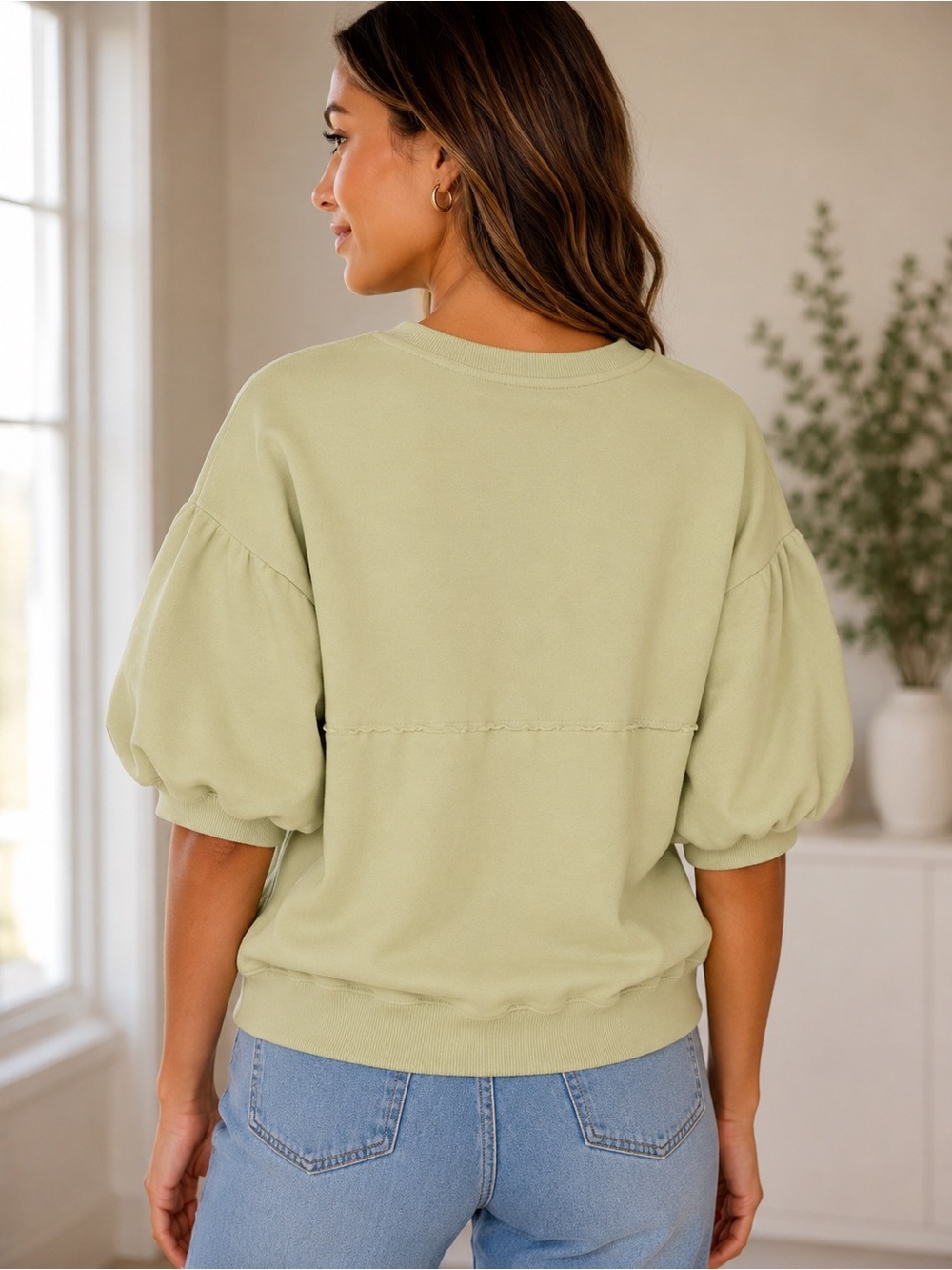 New with Tag! Anthropologie Pilcro Light Green Puff Sleeve Sweatshirt Top sz L - Picture 2 of 6